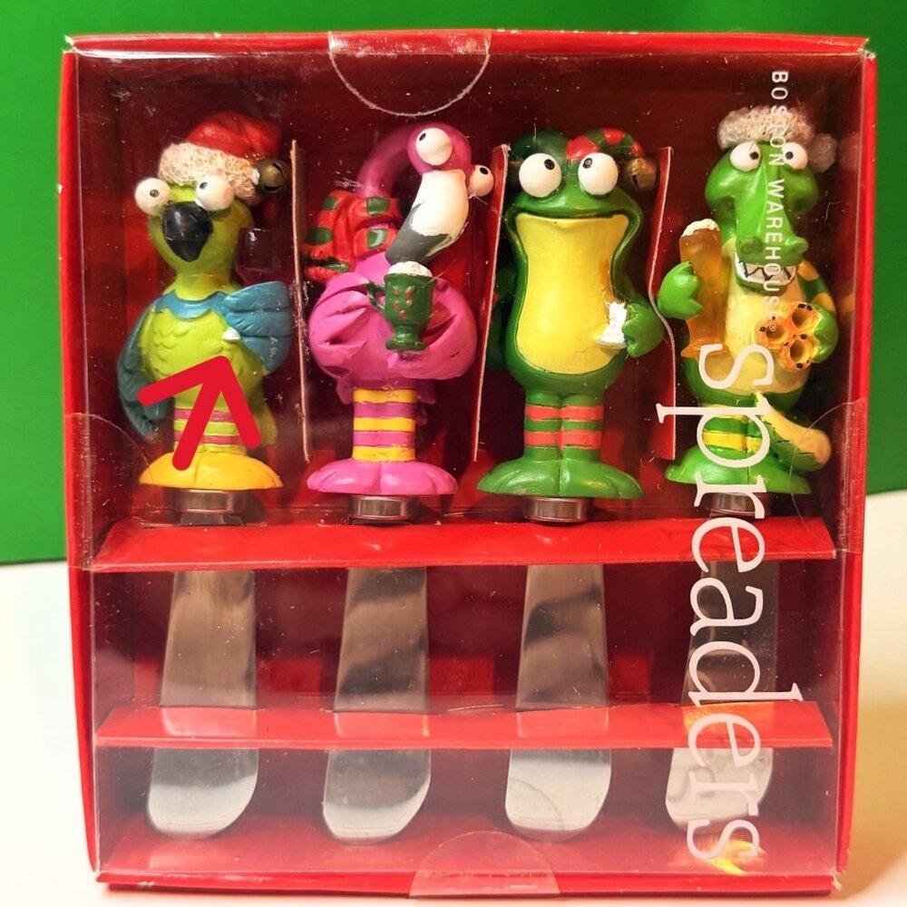 Boston Warehouse Holiday Buddies Spreader Set/4 Frogs Gators Parrots 2002 READ!!